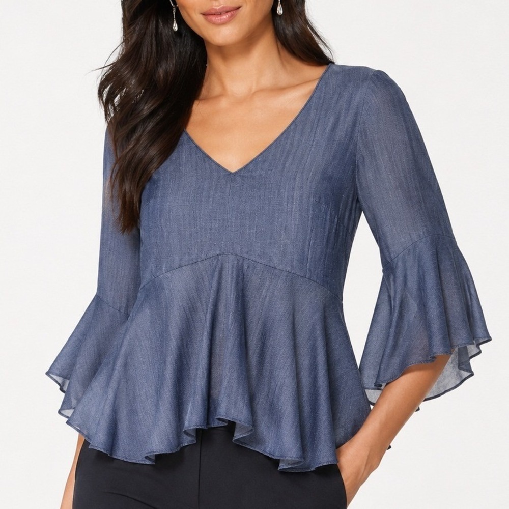 White House Black Market Lyocell Boho Bell Sleeve Peplum Top Blue V-Neck 4 NWT